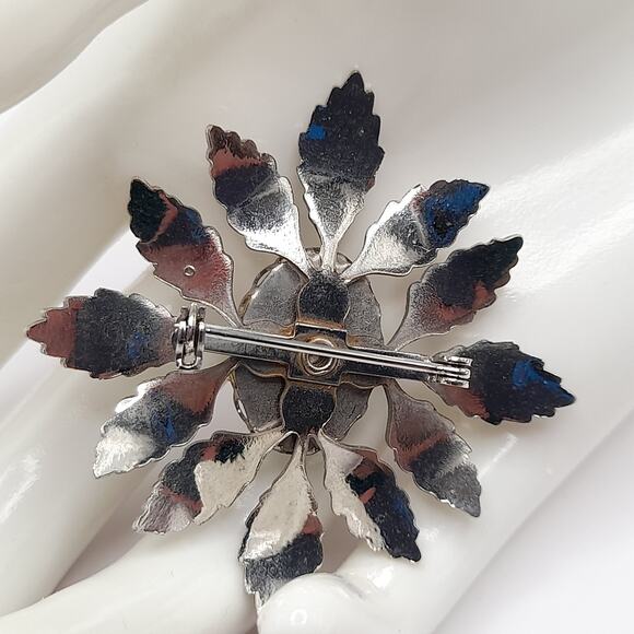 Vintage 1950s Hand Painted Porcelain Floral Brooch Silver Tone Leaf Frame 2" - Picture 8 of 10